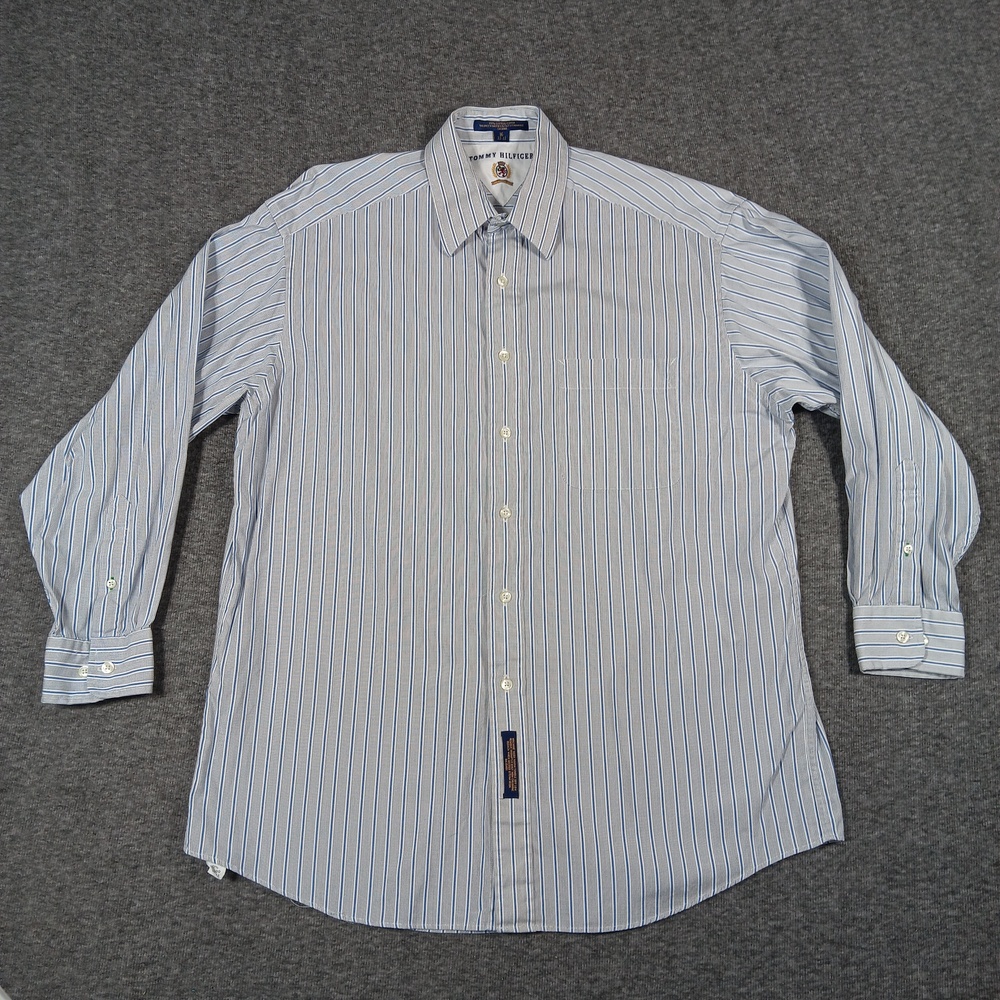 Tommy Hilfiger Shirt Mens Large White Striped Button Up Dress Classic